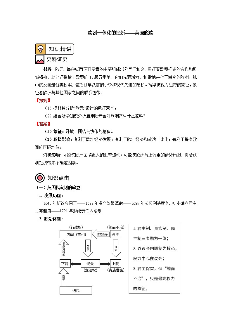 人教统编版欧洲一体化的挫折——英国脱欧学案01