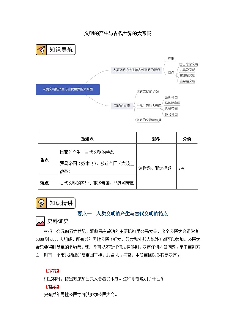人教统编版 第一单元 第1、2课 文明的产生与古代世界的大帝国 学案01