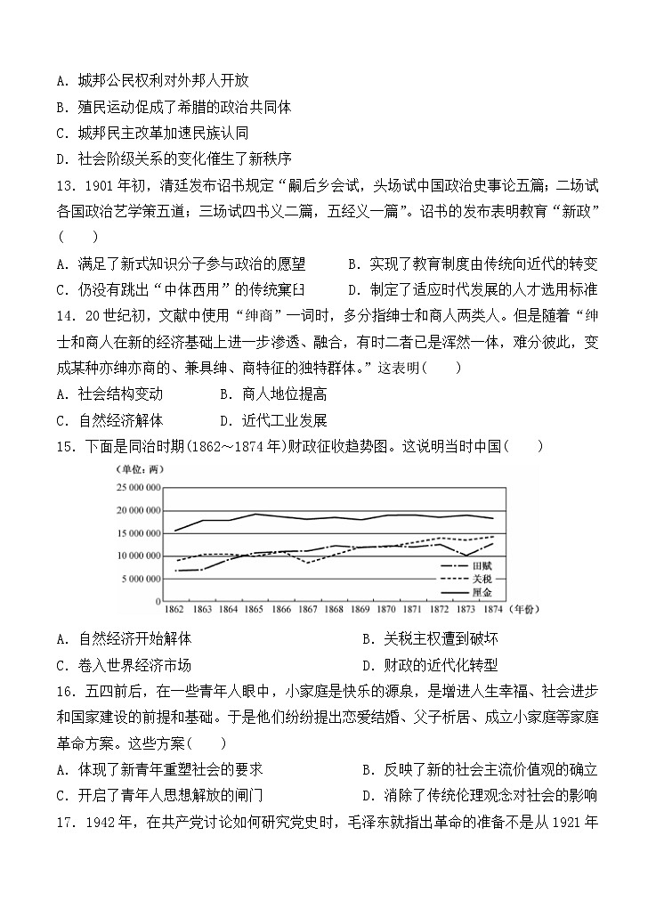 黑龙江省大庆铁人、鸡西一中、鹤岗一中三校2021届高三上学期联考 历史 (含答案) 试卷03