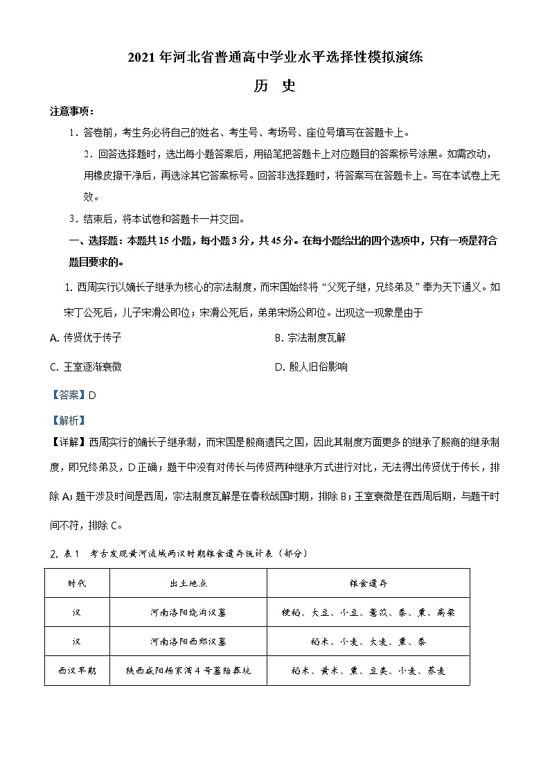 全国八省联考2021年1月河北省高三普通高中学业水平选择性考试模拟演练历史试题解析版01