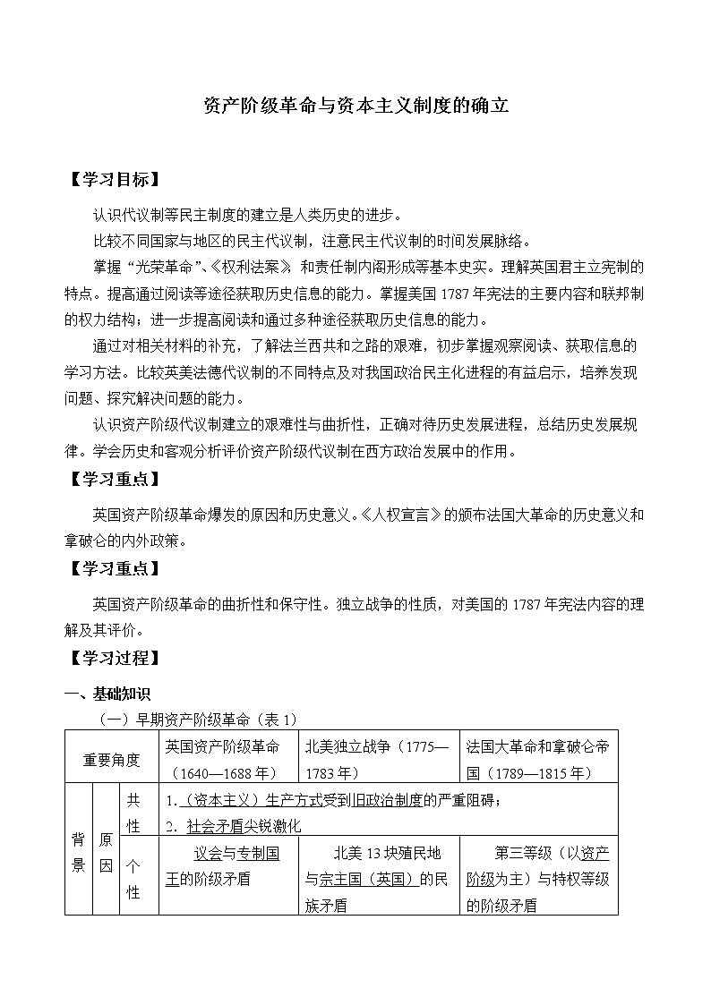 统编版（2019）高中历史必修中外历史纲要下-第9课(学案)资产阶级革命与资本主义制度的确立01