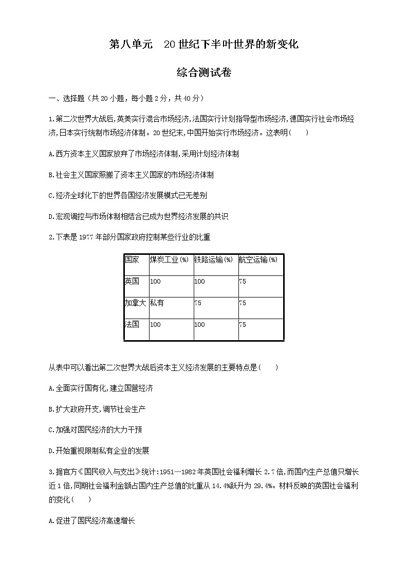 人教统编版2019中外历史纲要（下）第八单元 综合测试（1）（原卷版）01