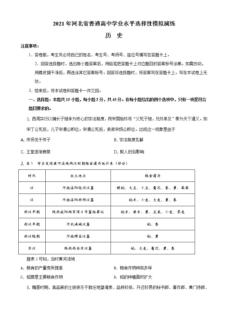 全国八省联考2021年1月河北省高三普通高中学业水平选择性考试模拟演练历史试题含答案解析01