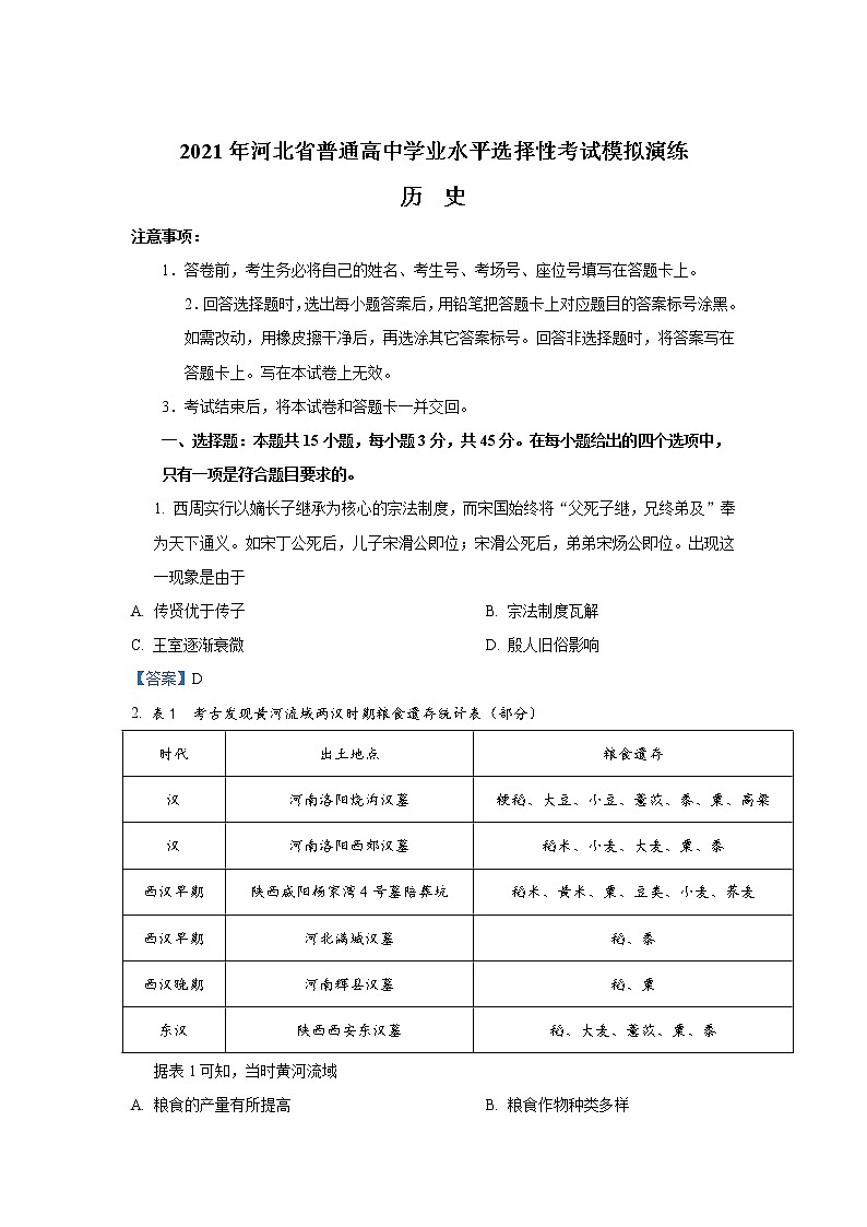 八省联考2021年河北省普通高中学业水平选择性考试模拟演练历史试卷（含答案）01