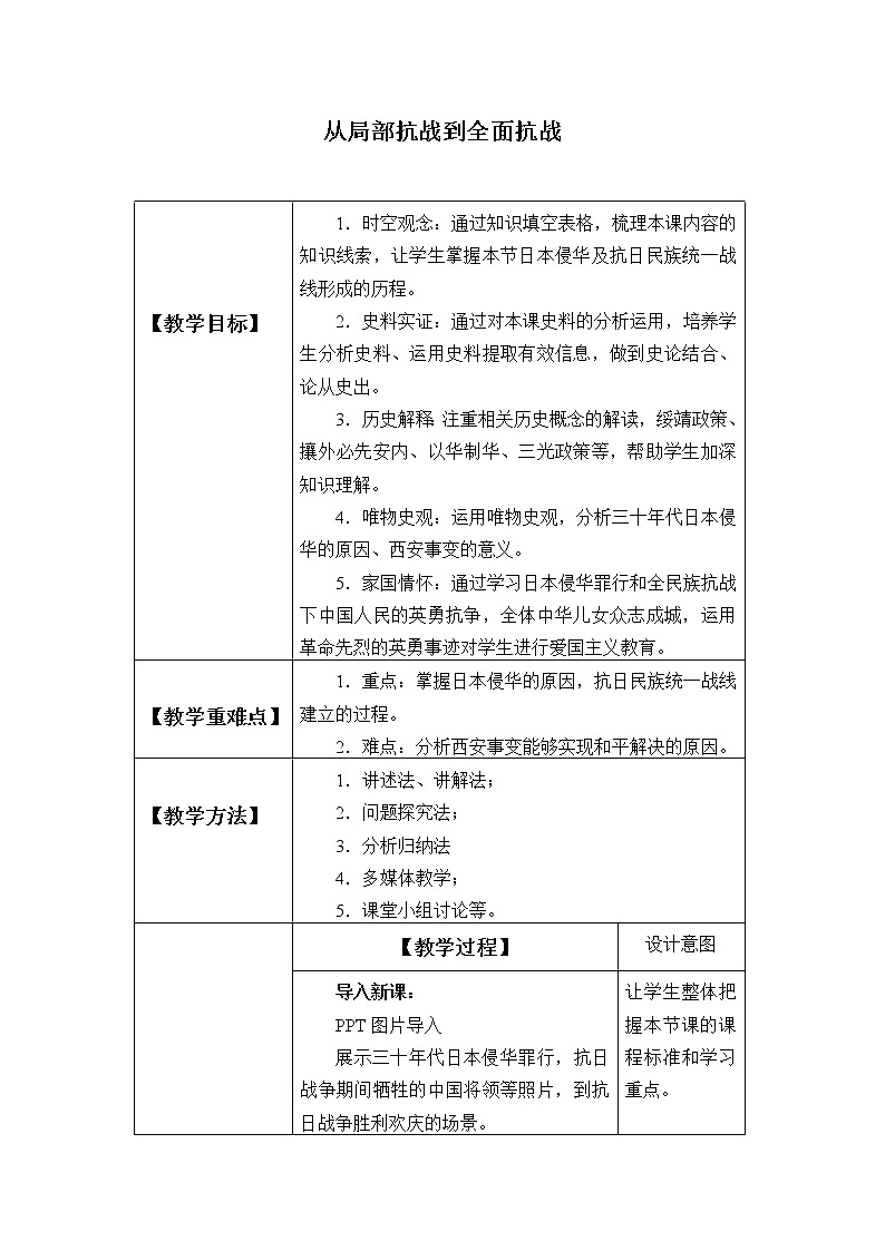 高中历史统编版（2019）必修中外历史纲要上(教案)从局部抗战到全面抗战第1页