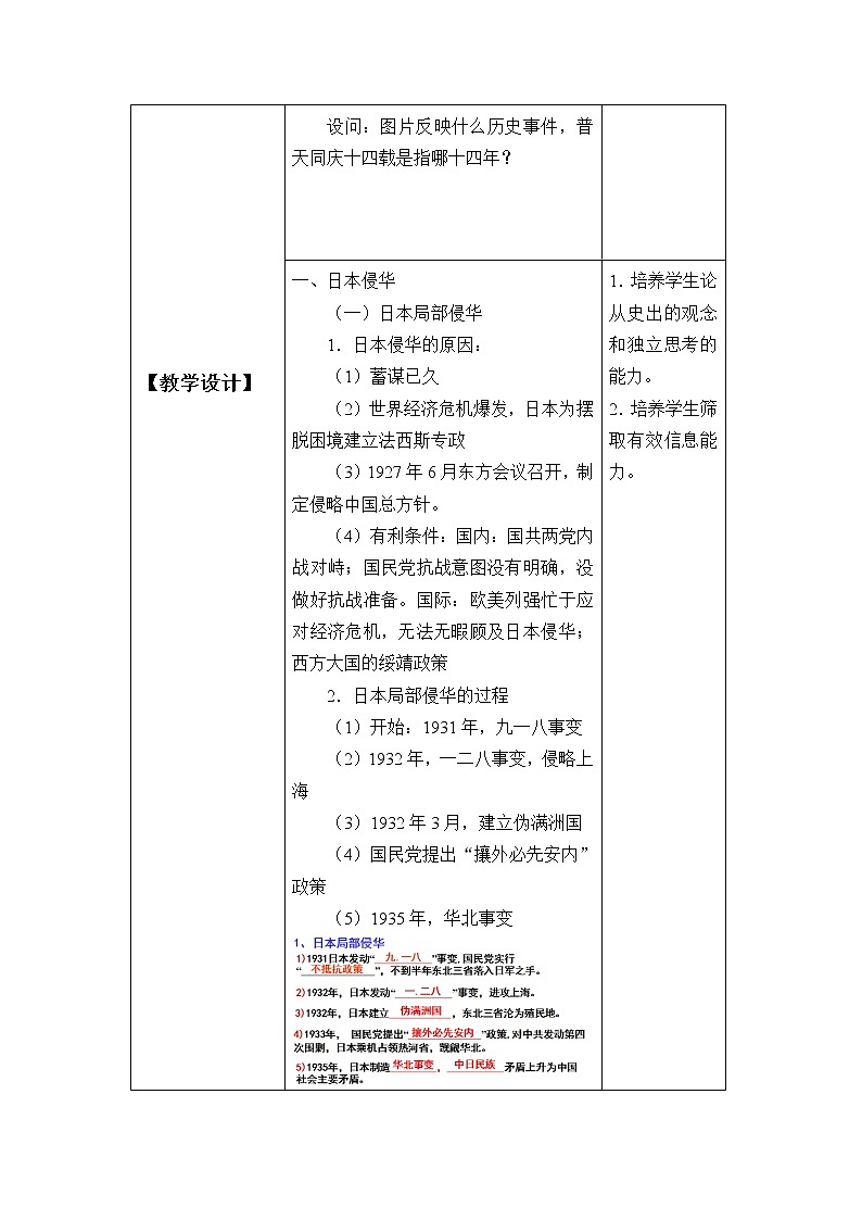 高中历史统编版（2019）必修中外历史纲要上(教案)从局部抗战到全面抗战第2页