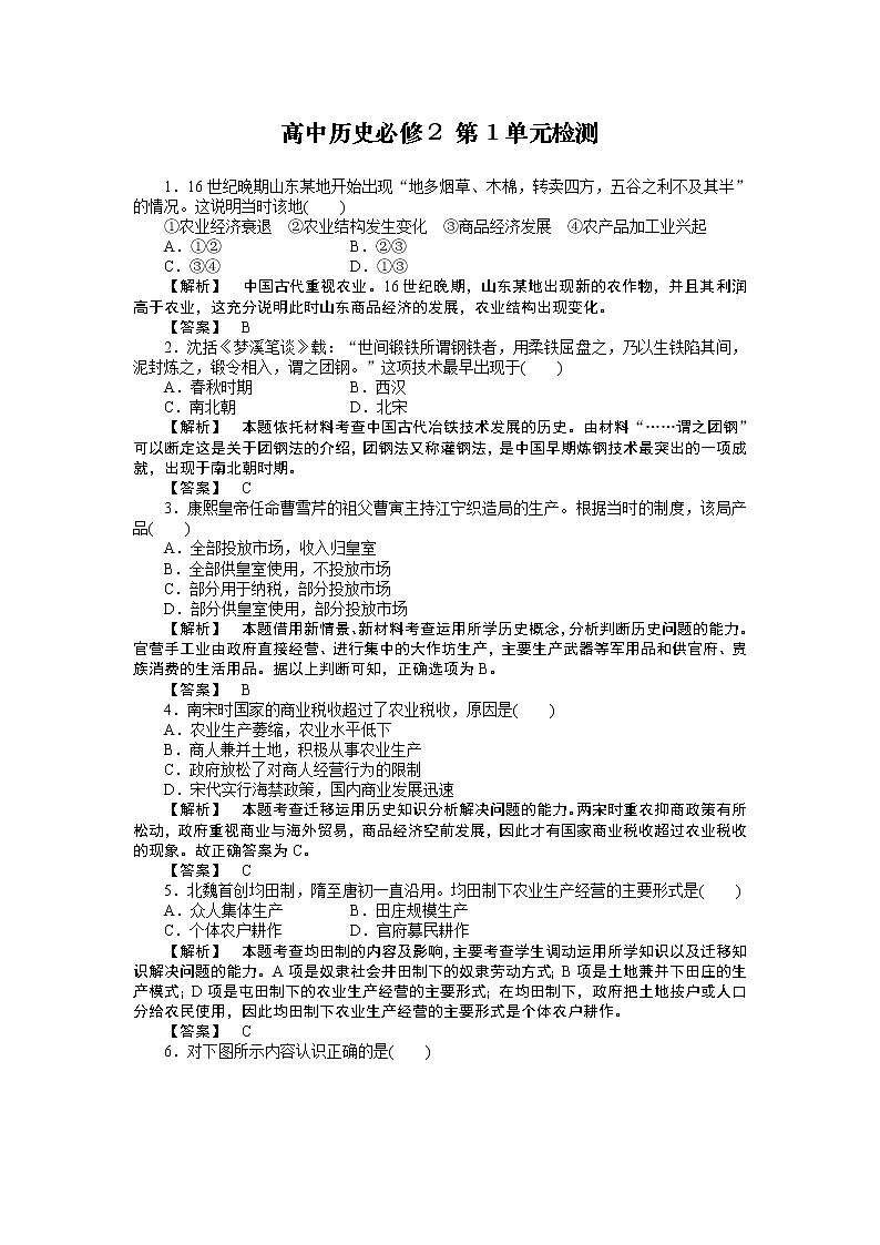 高中历史人教版必修2：第1单元单元检测01