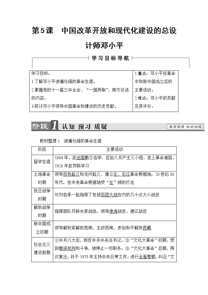 高二历史人教版选修4教师用书：第5单元-第5课中国改革开放和现代化建设的总设计师邓小平01