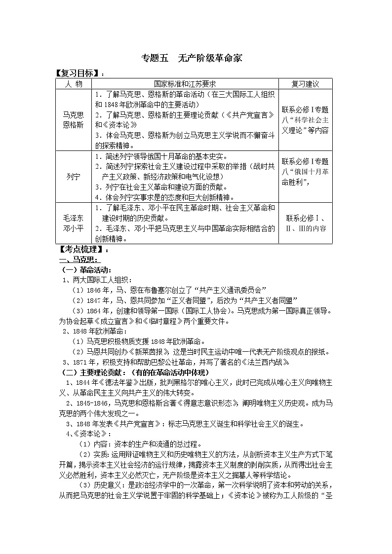 新人教版高中历史选修四：《专题五+无产阶级革命家》word教案01