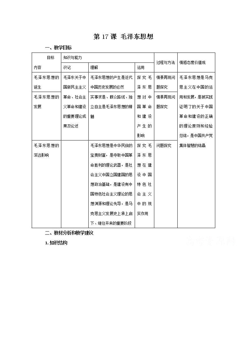 高中历史教案人教版必修3 第17课《毛泽东思想》第1页