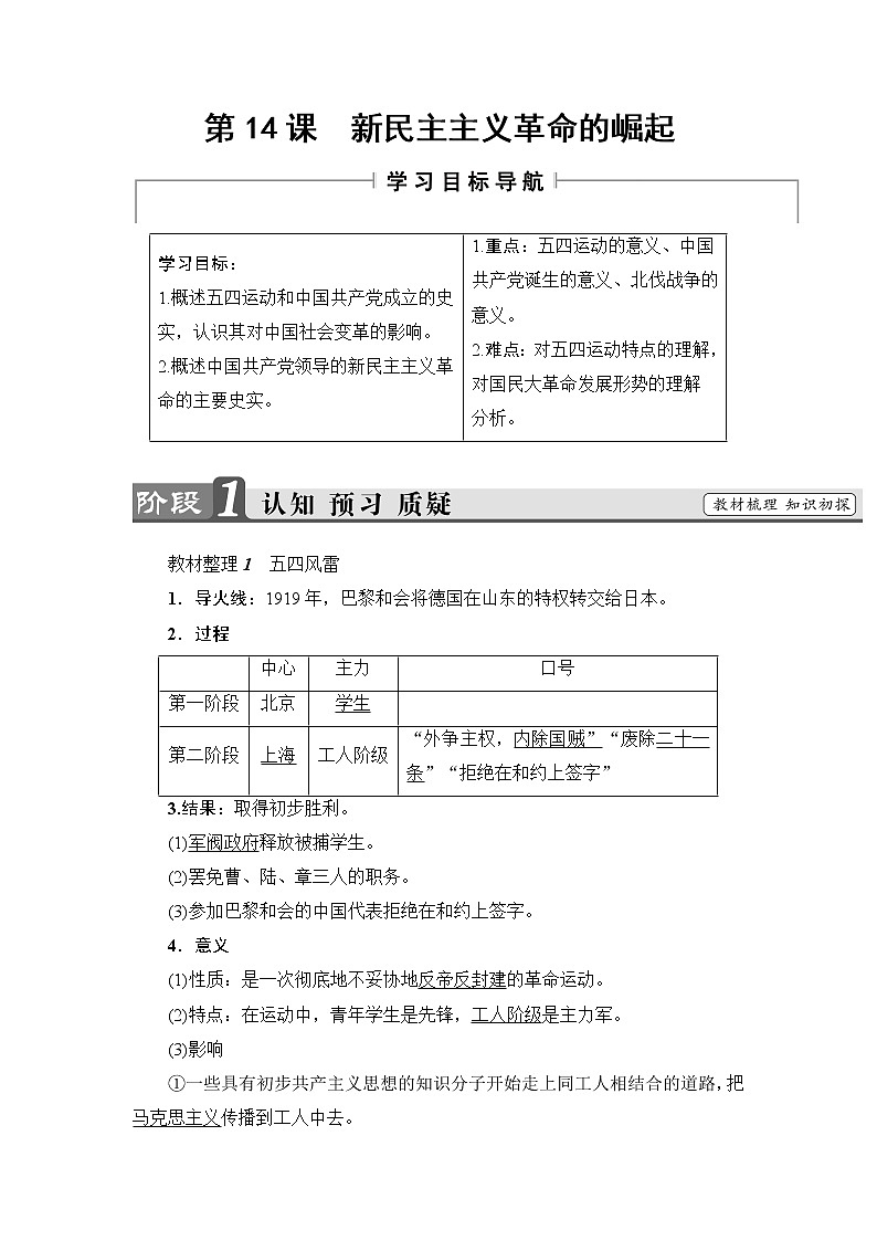 2018版高中历史（人教版）必修1教案： 第4单元 第14课　新民主主义革命的崛起01
