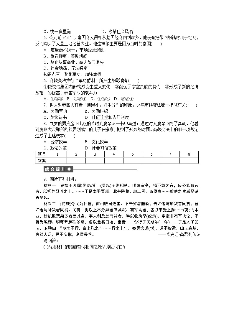 高中历史（人教版选修一）练习：第2单元  第2课为秦开帝业──商鞅变法02