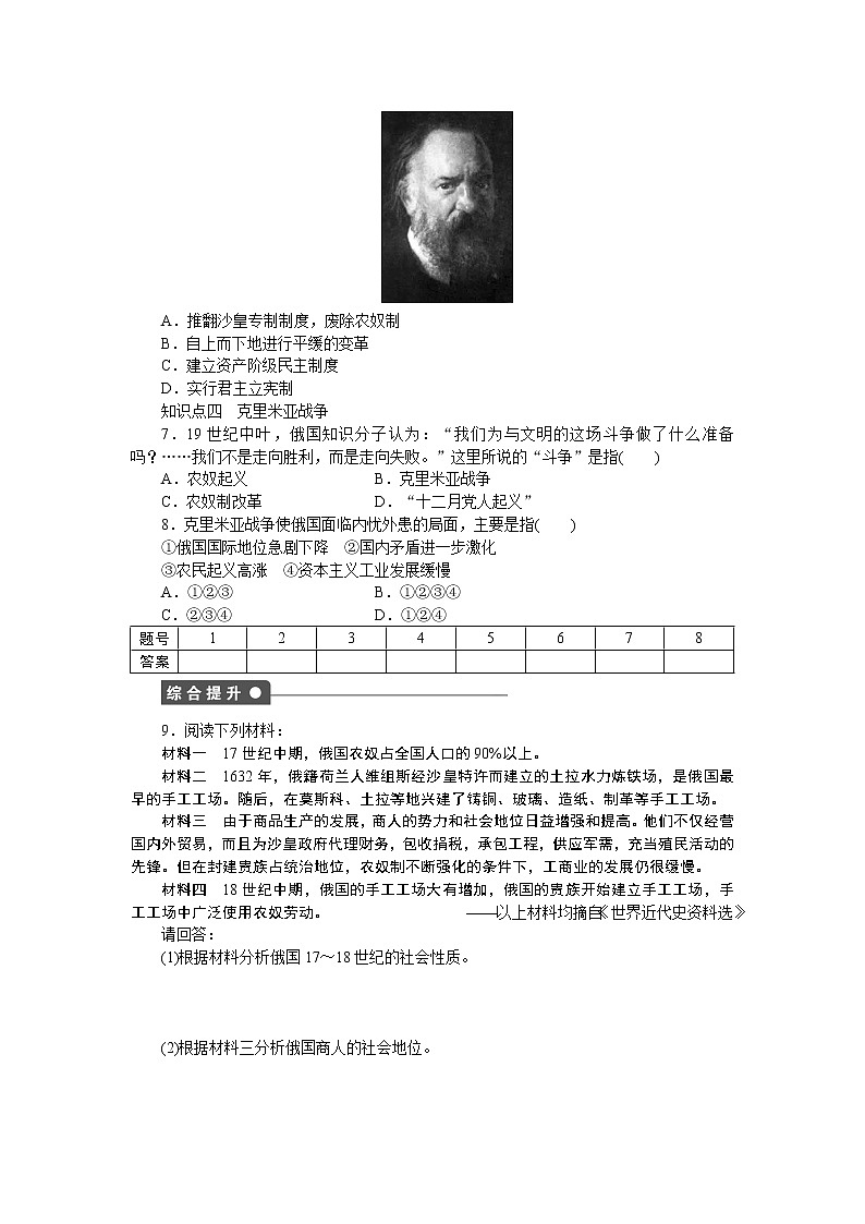 高中历史（人教版选修一）练习：第7单元  第1课19世纪中叶的俄国03