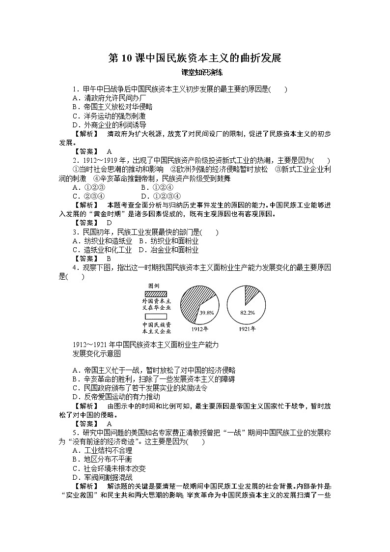 高中历史必修2同步练习：10课中国民族资本主义的曲折发展试卷01