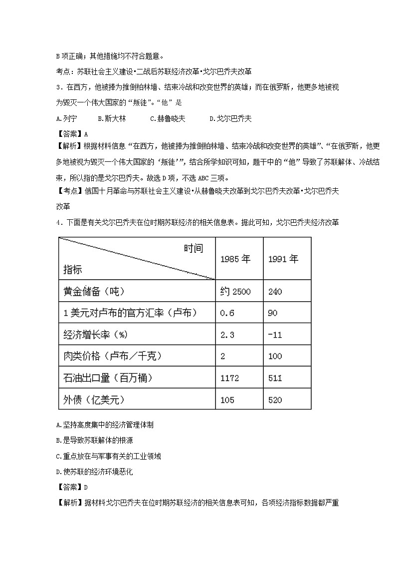 试卷 专题21 二战后苏联的经济改革（练）-高一历史同步精品课堂（基础版）（必修2） Word版含解析02