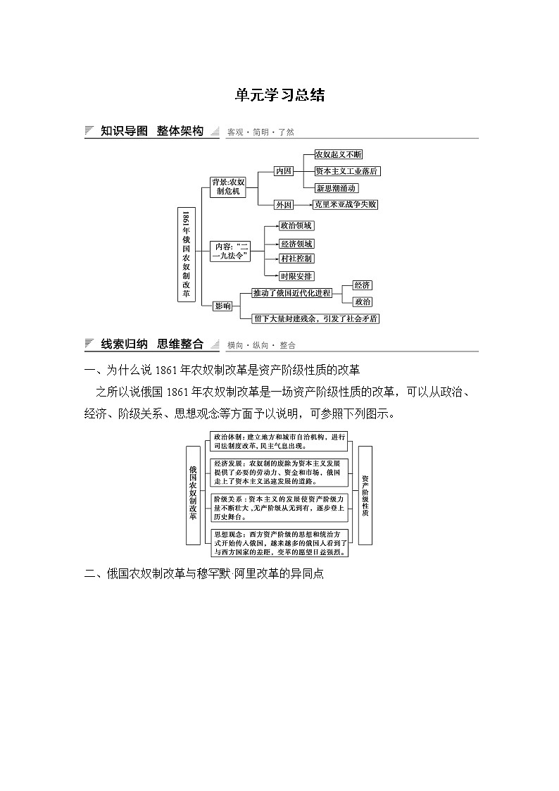 高中历史（人教版选修一）课时作业：第七单元　1861年俄国农奴制改革 单元学习总结学案第1页