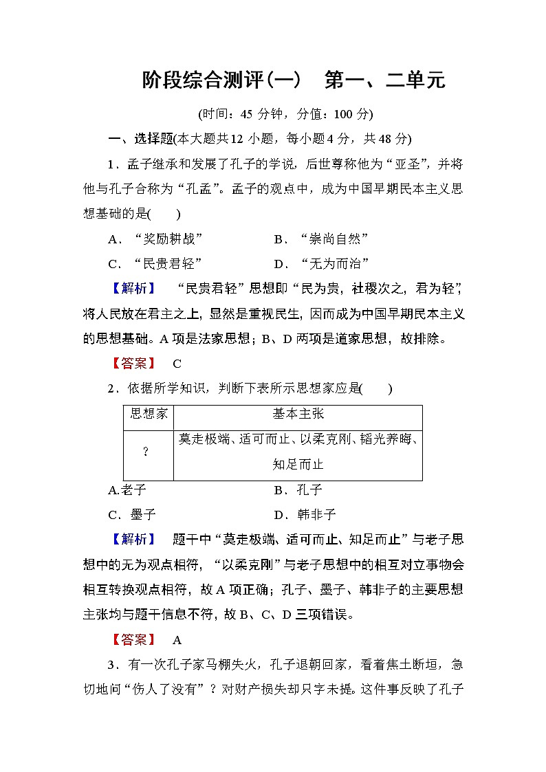 2018版高中历史（人教版）必修3同步练习题： 阶段综合测评101