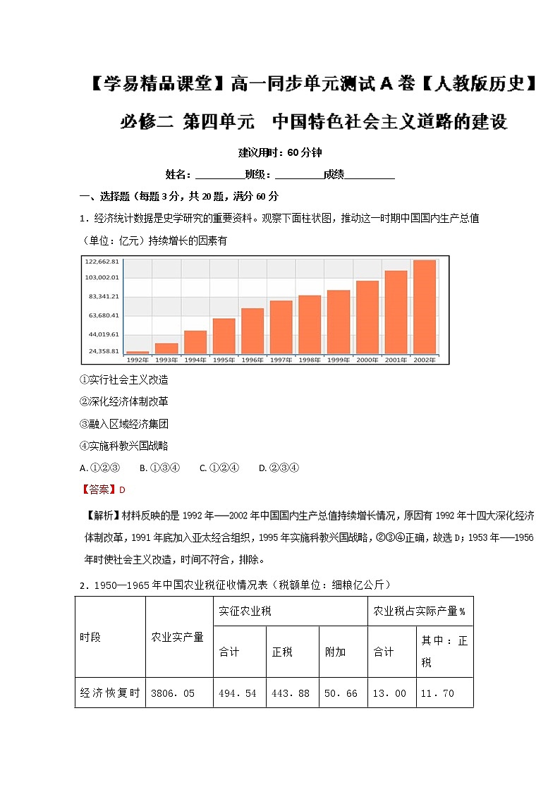 试卷 专题04 中国特色社会主义道路的建设（A卷）-高一历史同步单元双基双测“AB”卷（必修2）（Word版含解析）01