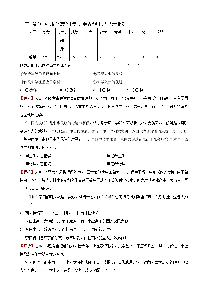 历史必修3单元综合：考点2 古代中国的科学技术与文化 试卷02