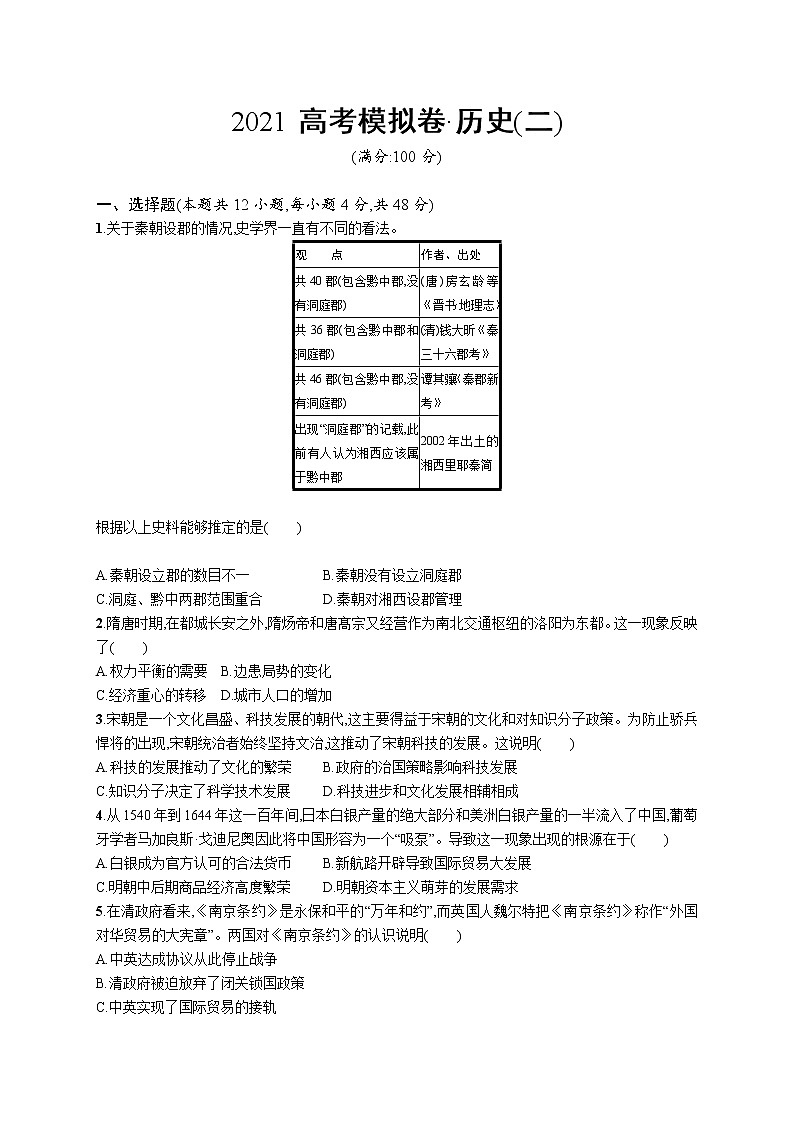 2021高考历史模拟卷2（含答案）01