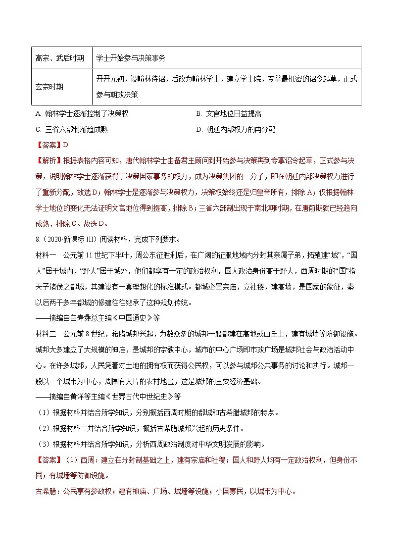 高考历史（2011~2020）真题专项练习   专题01 古代中国的政治制度    解析版第3页