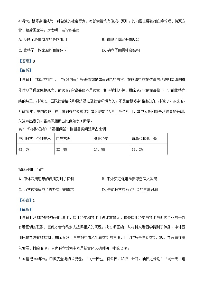 精编：2020年高考全国1卷文综历史高考真题及答案解析（原卷+解析卷）03