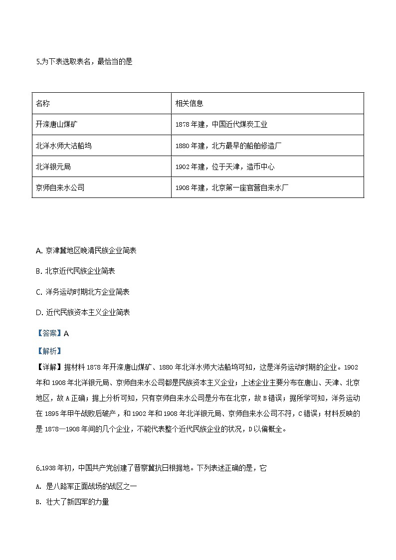 精编：2019年北京卷文综历史高考真题及答案解析（原卷+解析卷）03
