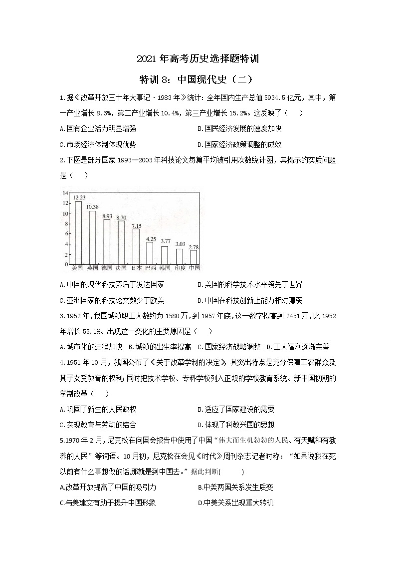 2021年高考历史选择题特训 特训8：中国现代史（二）01