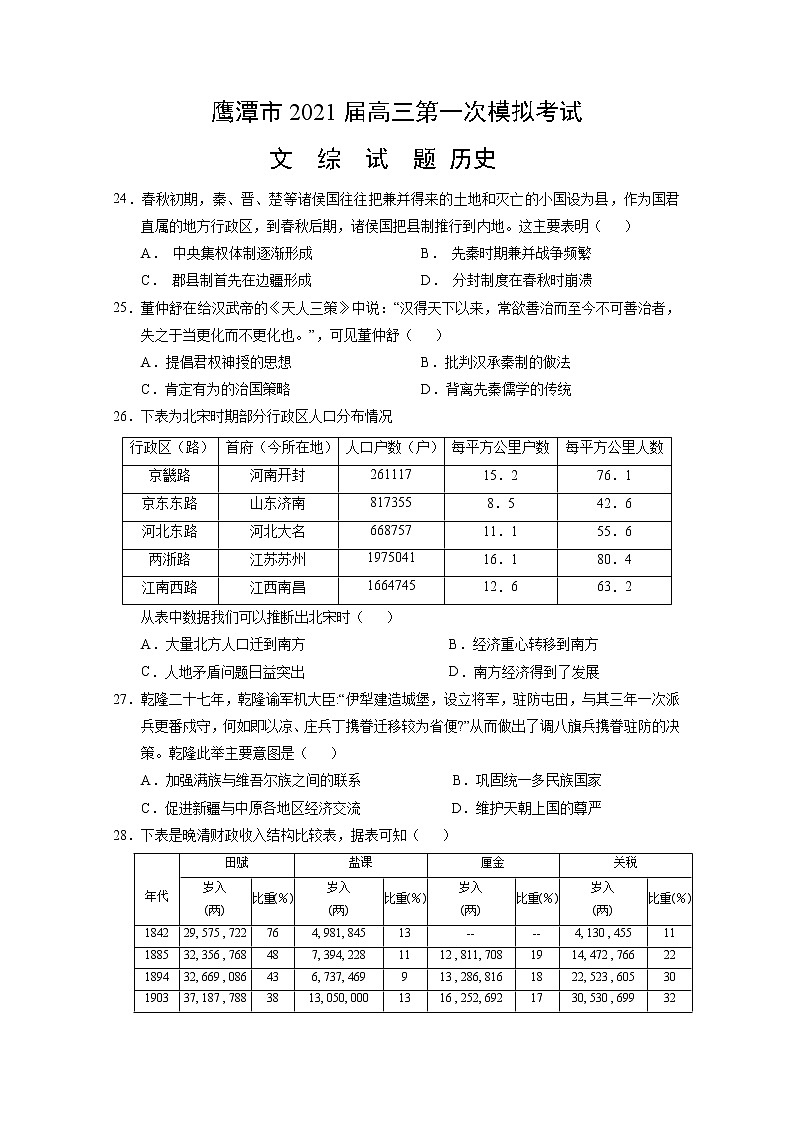江西省鹰潭市2021届高三历史3月第一次模拟试题（Word版附答案）第1页