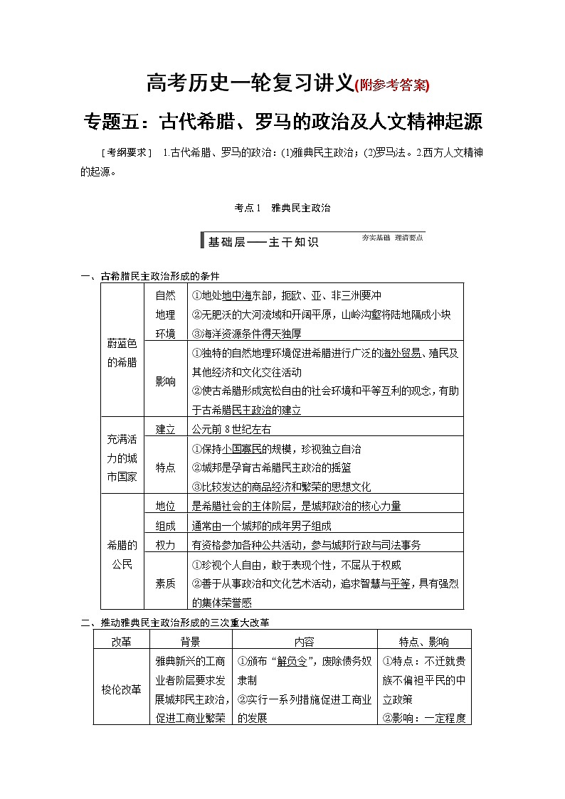 93高考历史一轮复习讲义专题五：古代希腊、罗马的政治及人文精神起源93第1页