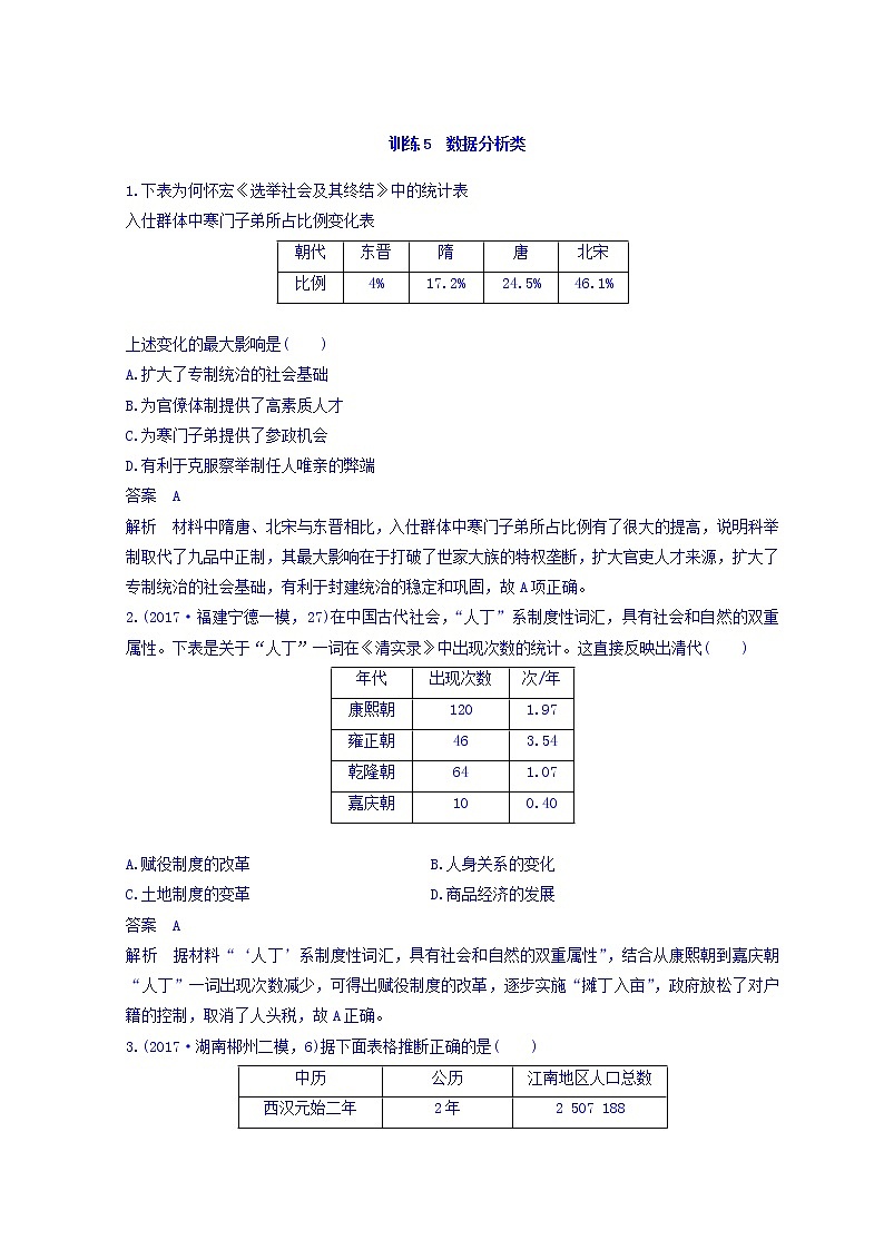 2018高考历史三轮冲刺考卷题型抢分练：高考题型分类训练 训练5 Word版含答案第1页