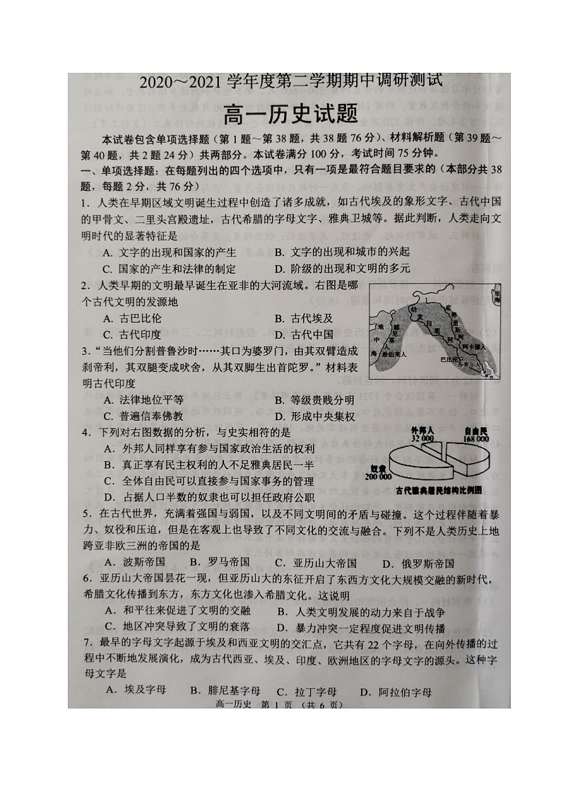 江苏省沭阳县2020-2021学年高一下学期中考试历史试题（图片版，无答案）01
