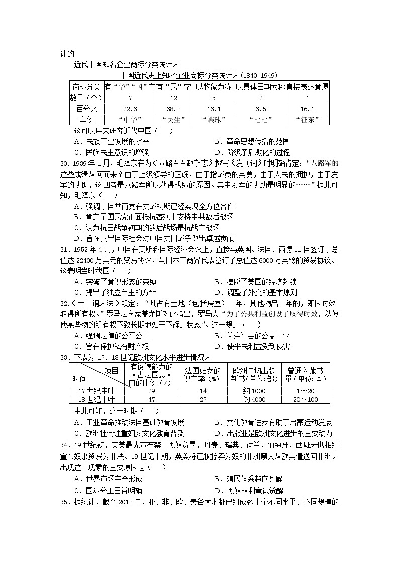 2021届四川省南充高级中学高三第（12）次月考文综历史试卷（含答案）02