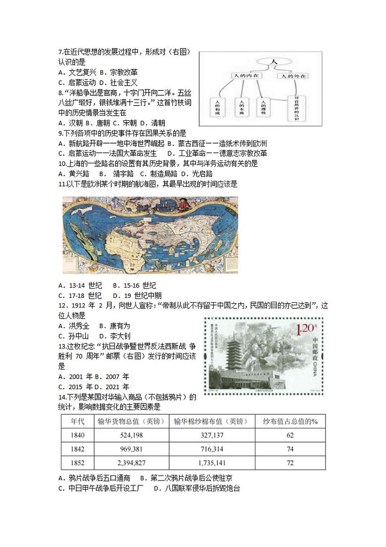 上海市杨浦区2021年高三历史等级考二模卷 带答案02