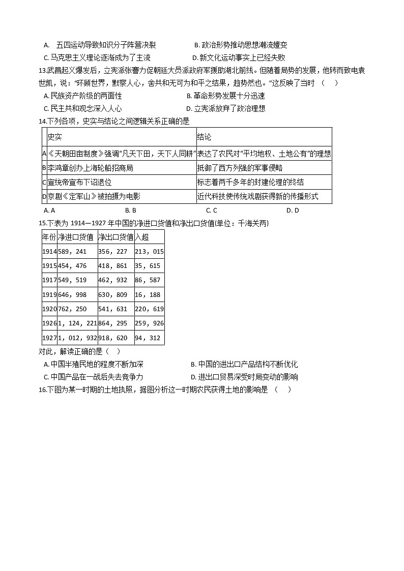 2021届高三二轮复习高中历史中国近代史专项试卷03