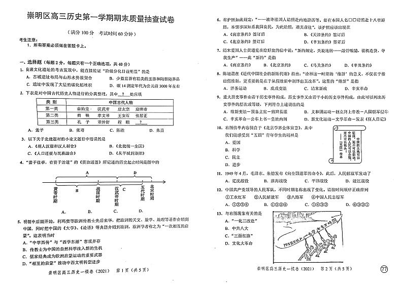 上海市崇明区2021年高三第一学期期末（一模）学科质量检测历史试题01
