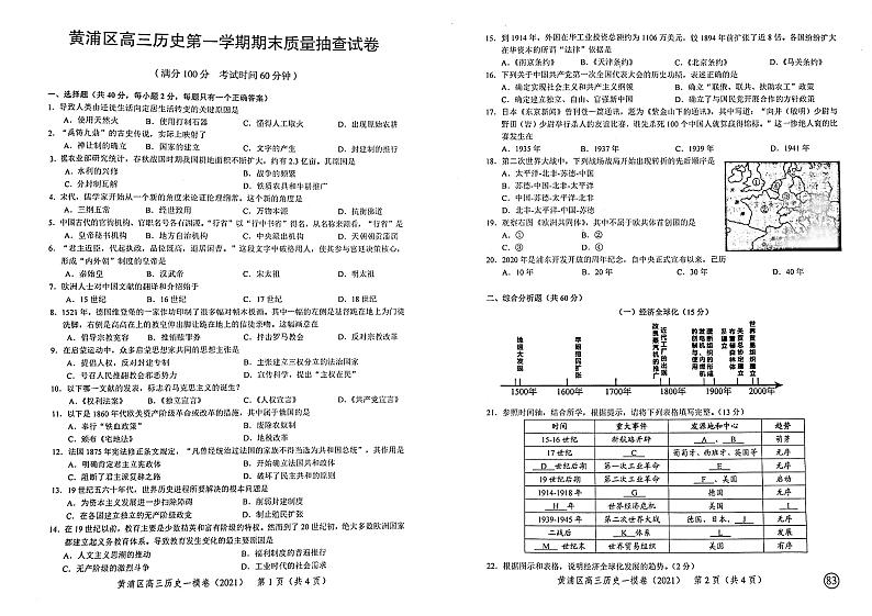 上海市黄浦区2021年高三第一学期期末（一模）学科质量检测历史试题01