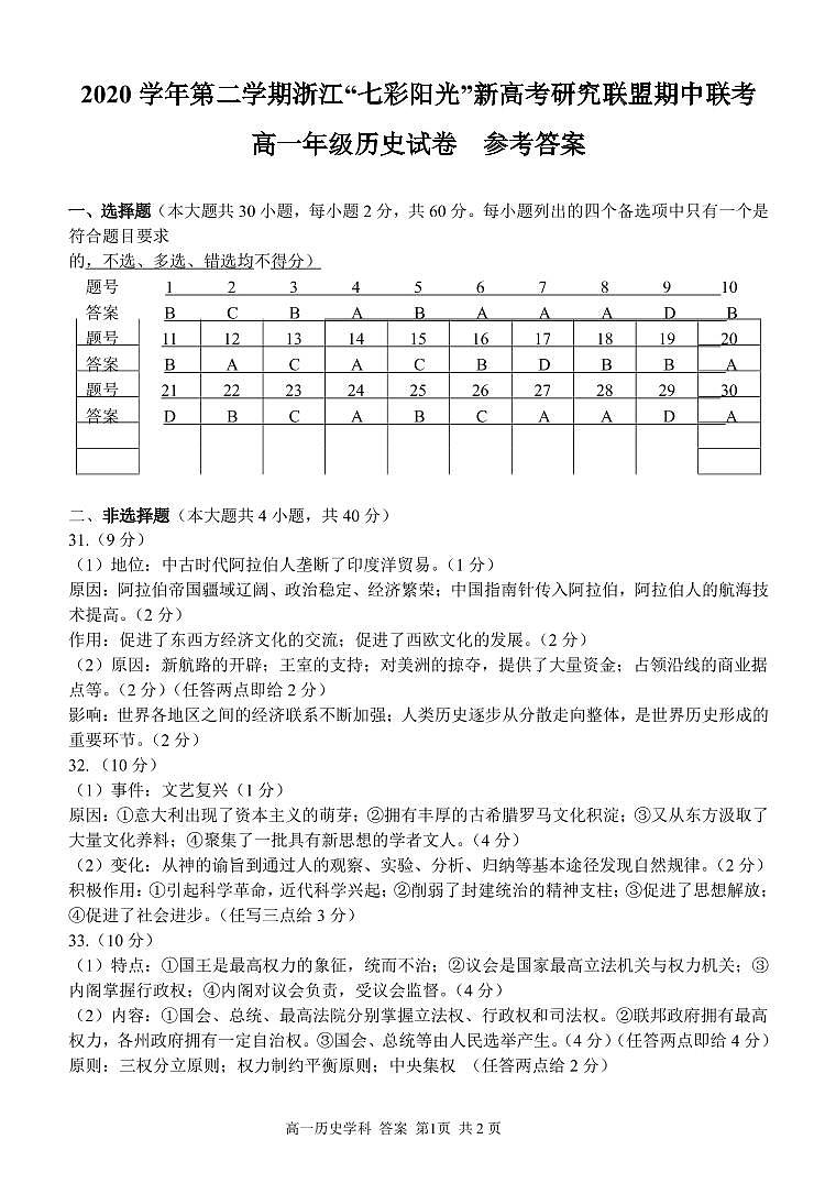 浙江省七彩阳光新高考研究联盟2020-2021学年高一下学期期中联考+历史试卷+答案01