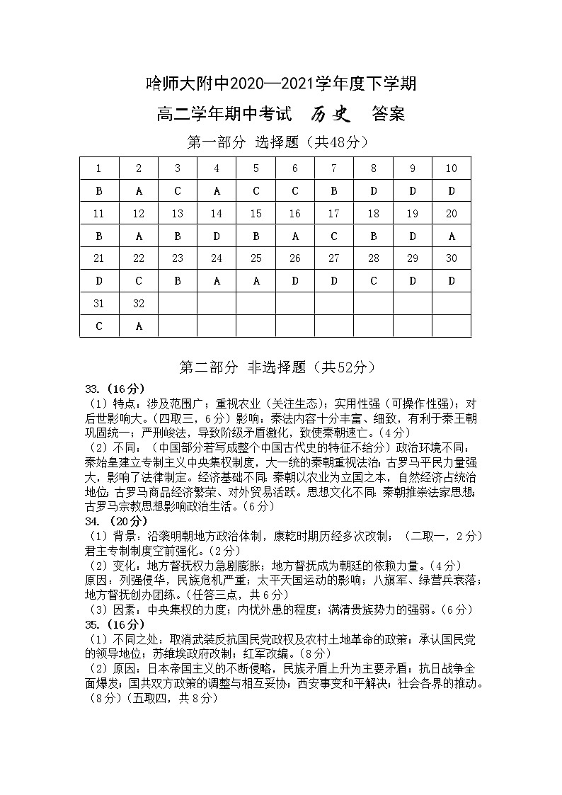 哈师大附中2021年高二下学期期中考试：历史卷+答案01