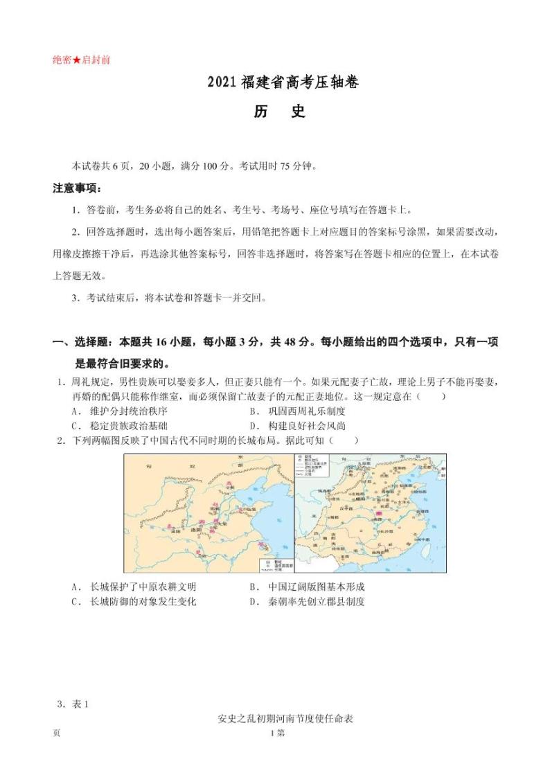 2021届福建省高考压轴卷 历史 PDF版01