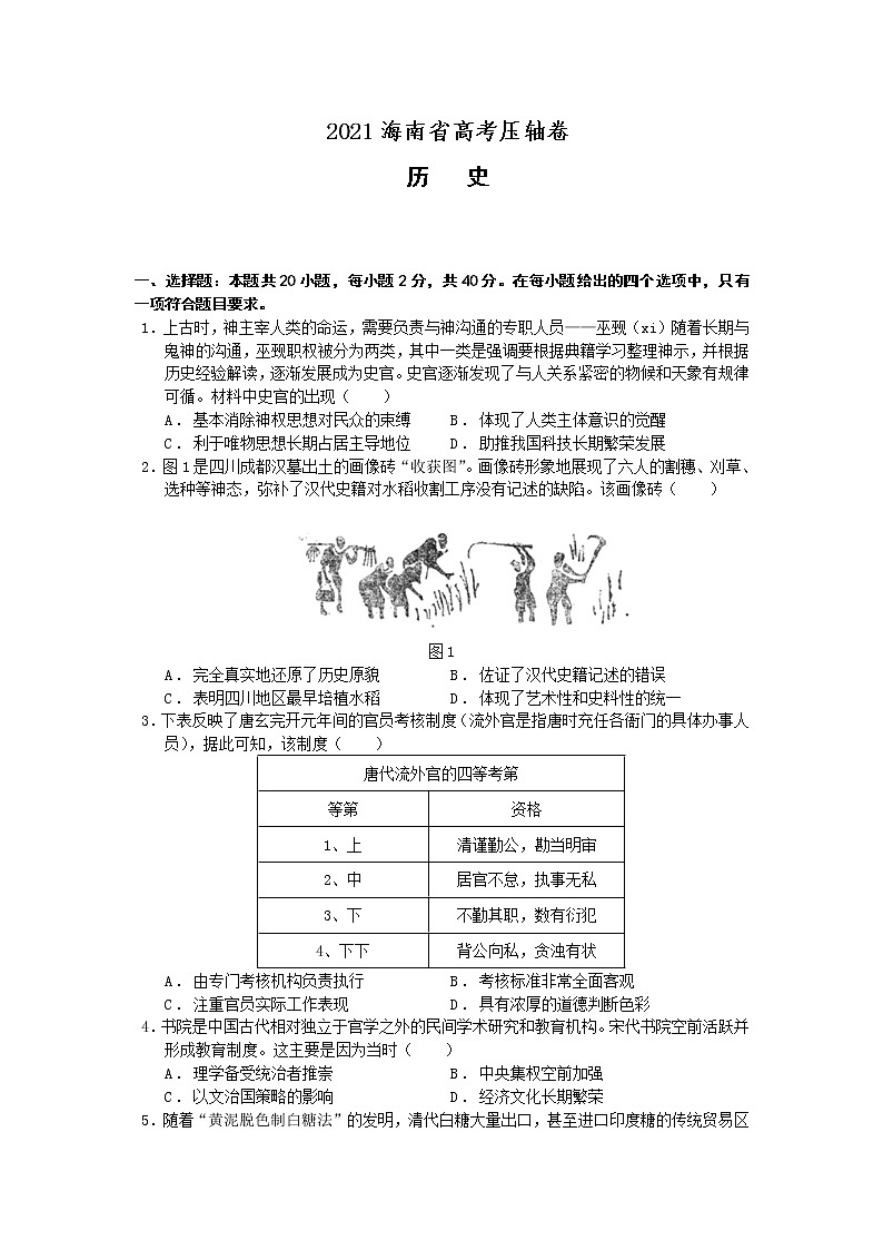 2021海南省高考冲刺压轴卷：历史+答案解析01