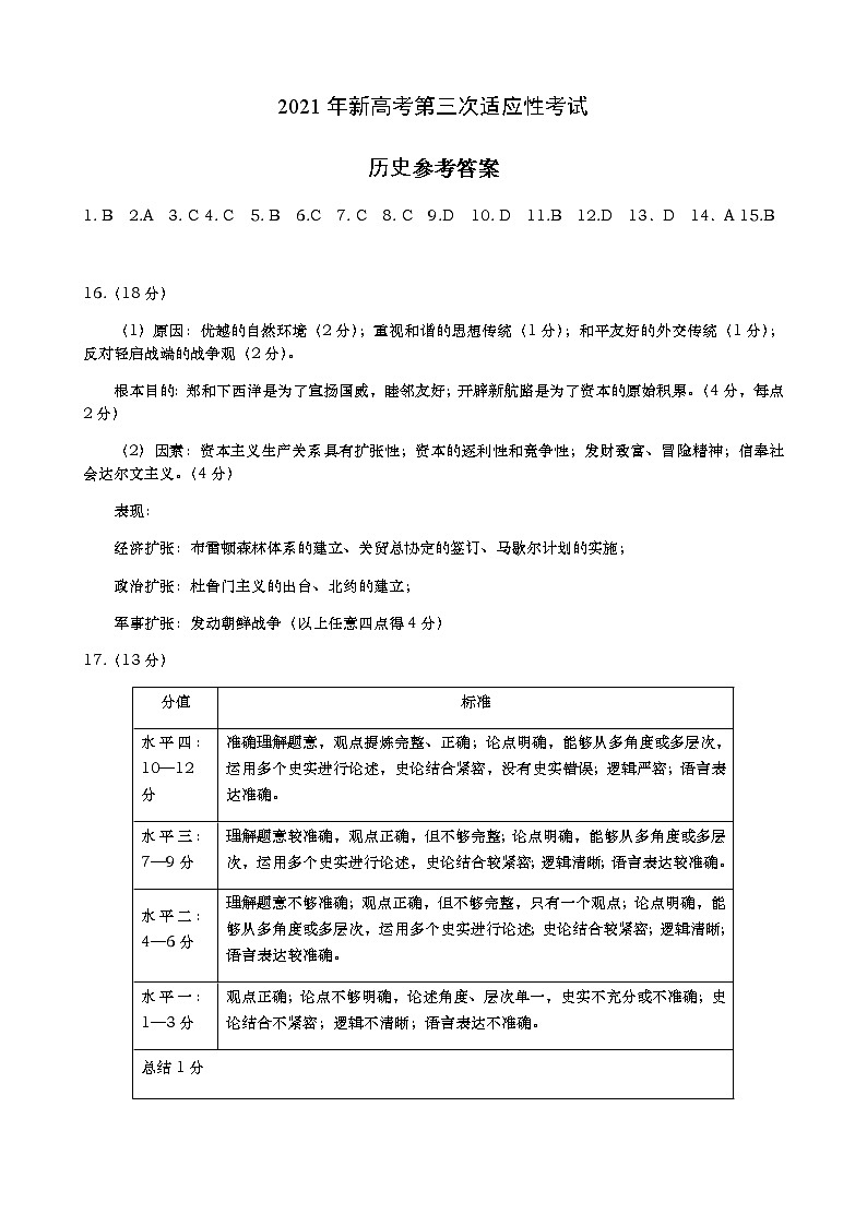 江苏省南通市如皋市2021届高三下学期5月第三次适应性考试：历史+答案01