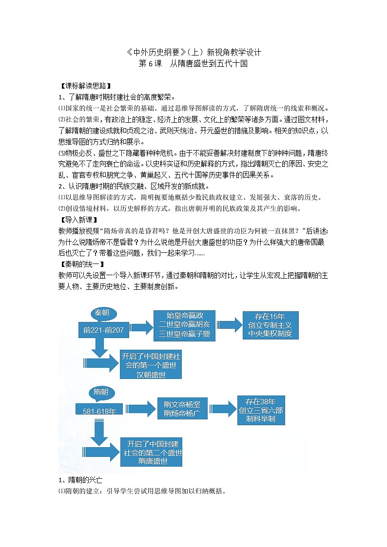 高中历史人教统编版 中外历史纲要（上）新视角教学设计 第6课  从隋唐盛世到五代十国01