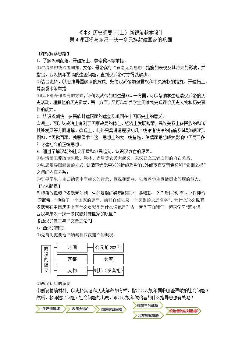 高中历史人教统编版中外历史纲要（上）新视角教学设计 第4课 西汉与东汉— 统一多民族封建国家的巩固01