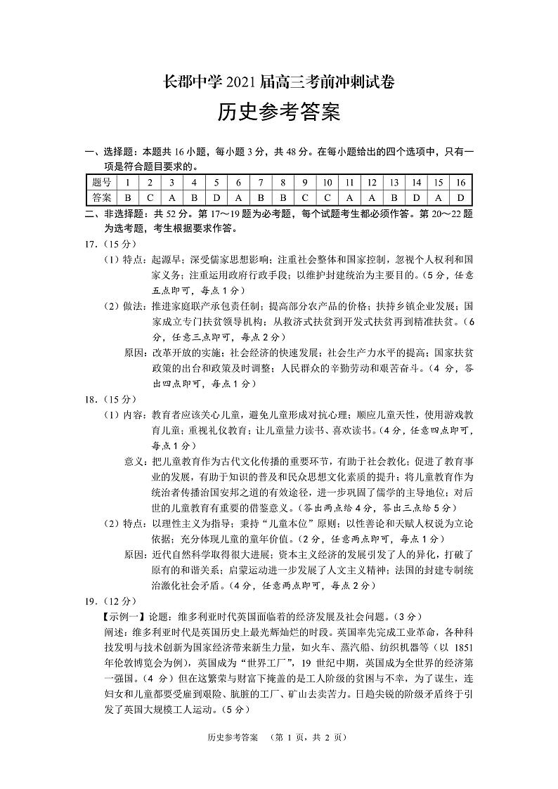 2021长郡中学高三下6月考前冲刺卷：历史答案第1页