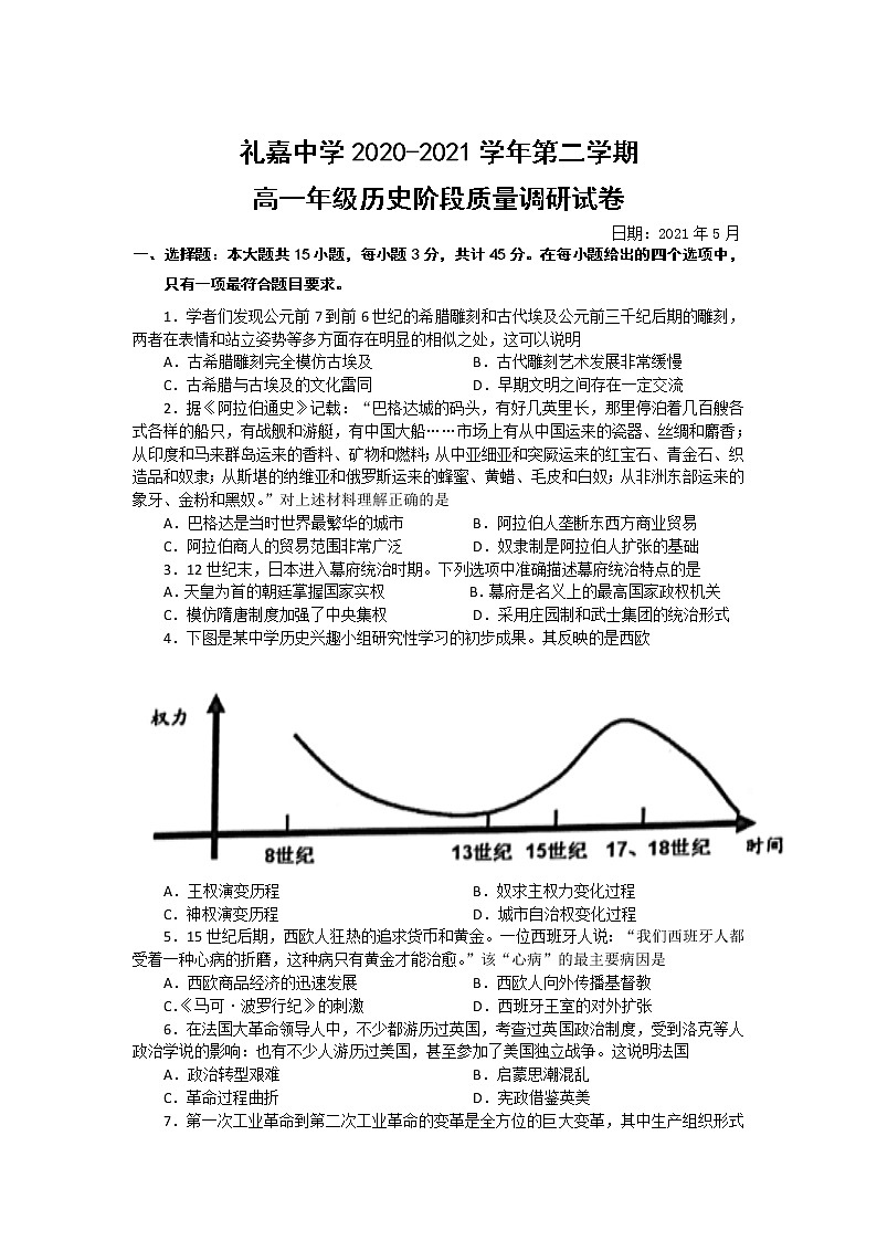 江苏省常州市礼嘉中学2020-2021学年高一下学期第二次阶段质量调研历史试卷+答案第1页