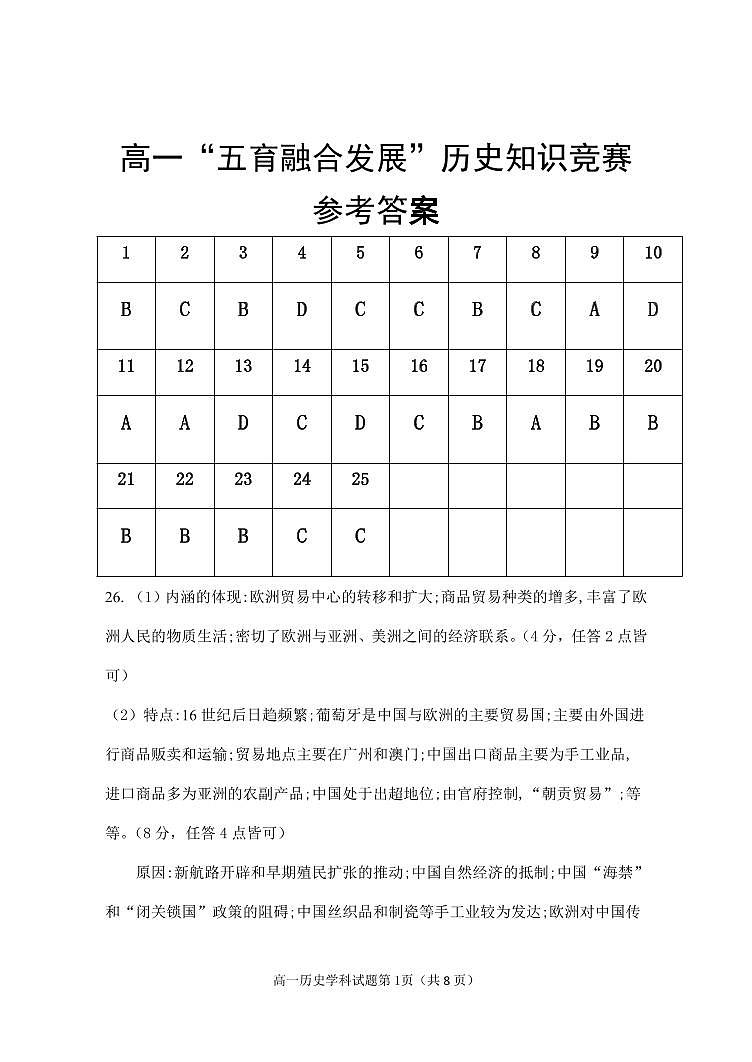 吉林省长春市农安县2020-2021学年高一下学期“五育融合”知识竞赛历史试题+答案01