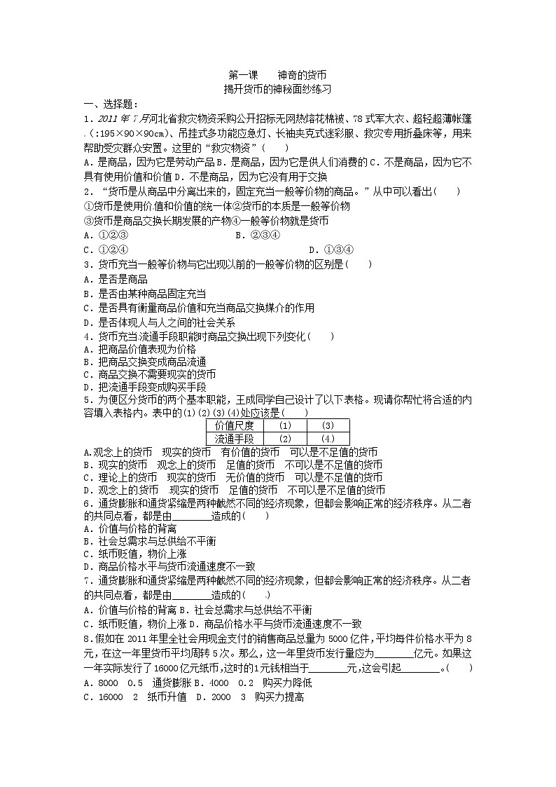 高一政治试题：1.1揭开货币的神秘面纱（新人教版必修1）第1页