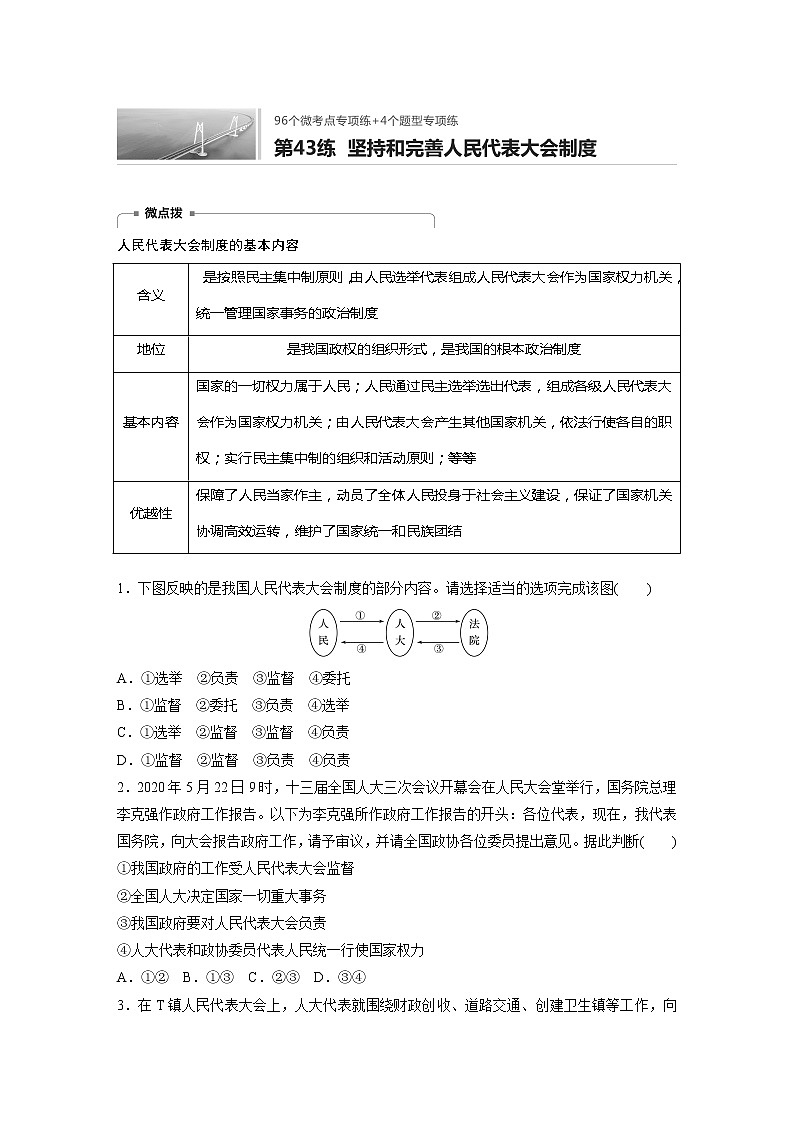2022届高考政治一轮复习专题43练　坚持和完善人民代表大会制度第1页