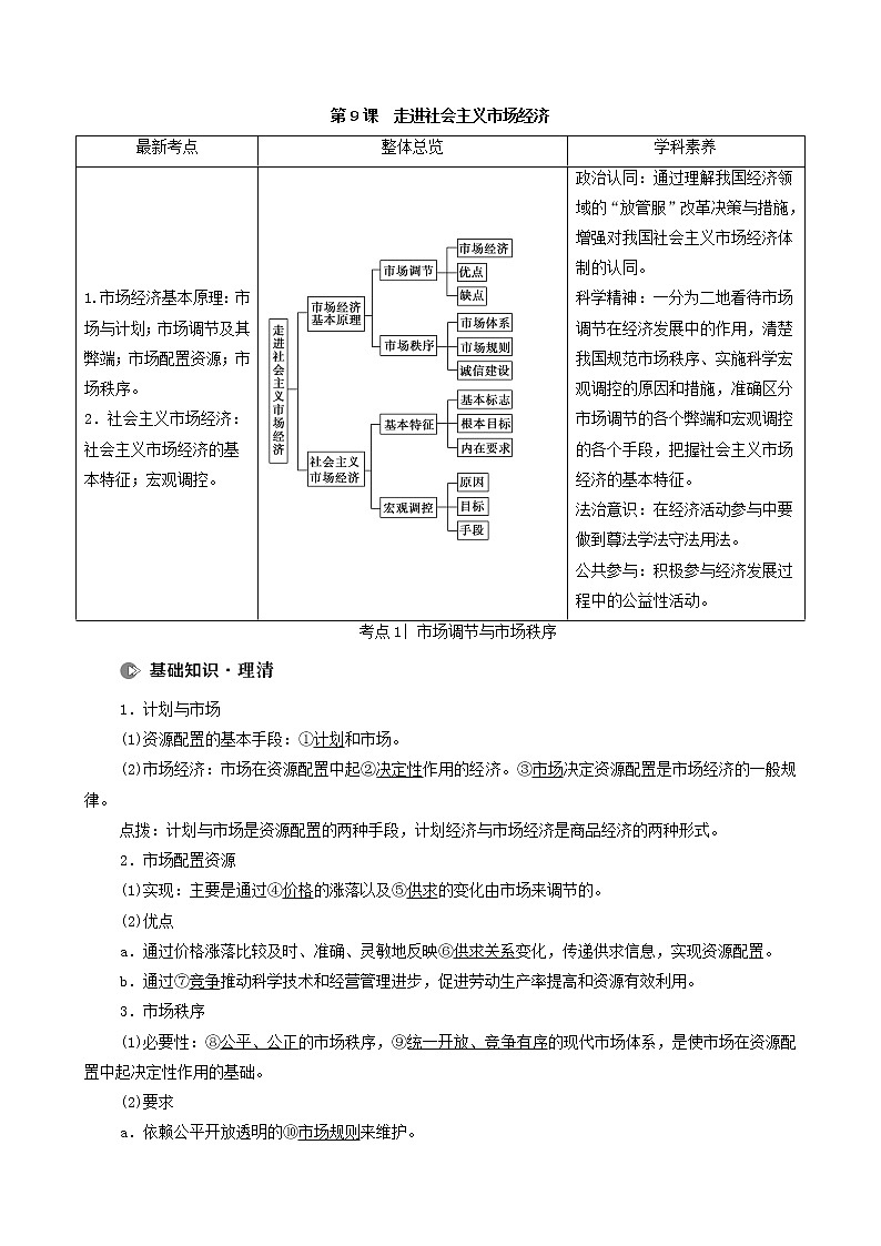 2022届高考政治一轮复习新人教版必修1 第4单元发展社会主义市场经济第9课走进社会主义市场经济教案第1页